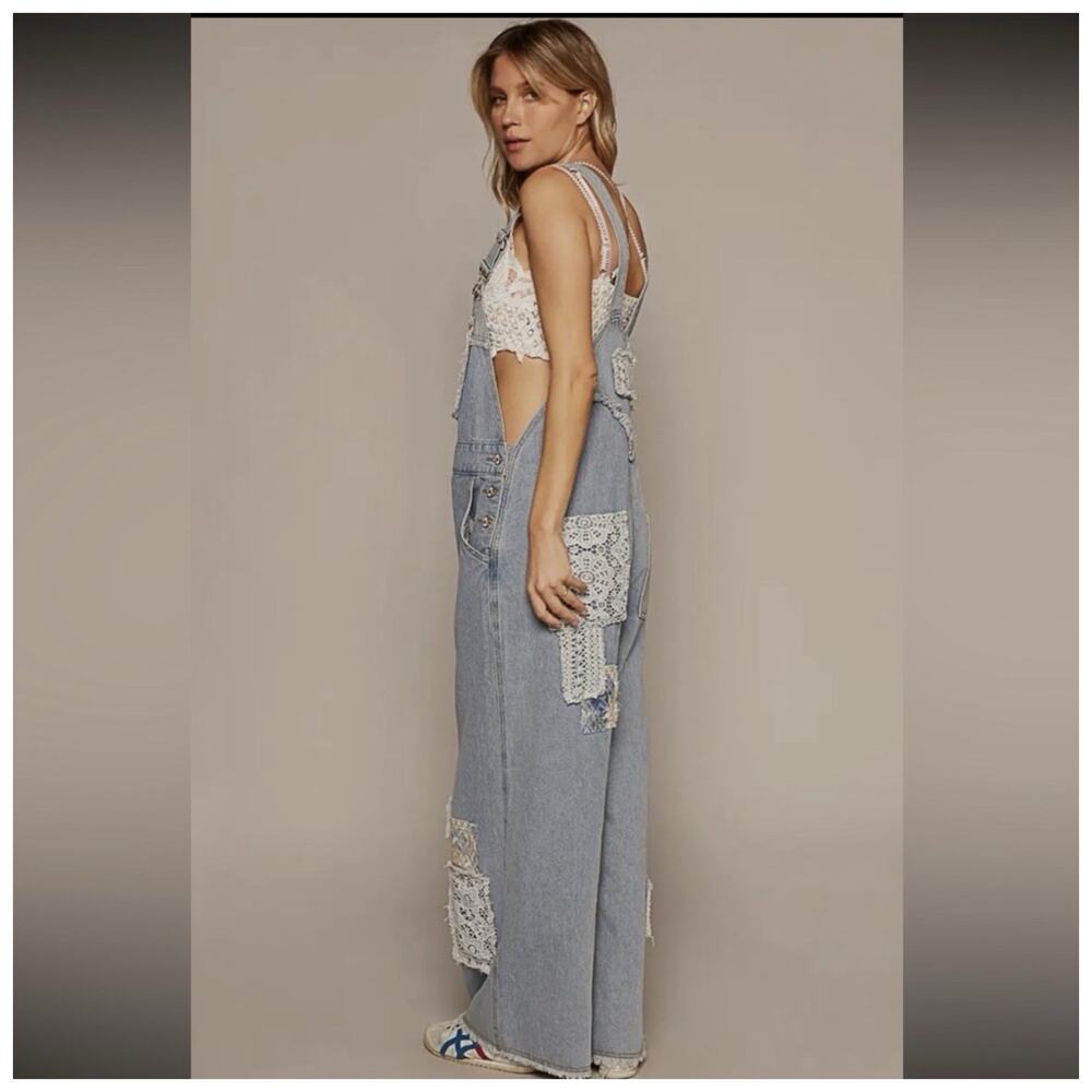 POL Womens Lace Patchwork Wide Leg Denim Overalls Small Cottagecore Bohemian - Picture 10 of 11